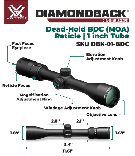 Vortex Optics Diamondback 3-9x40 Dead-Hold Riflescope w/ Hat and H Rings Bundle - Picture 4 of 10