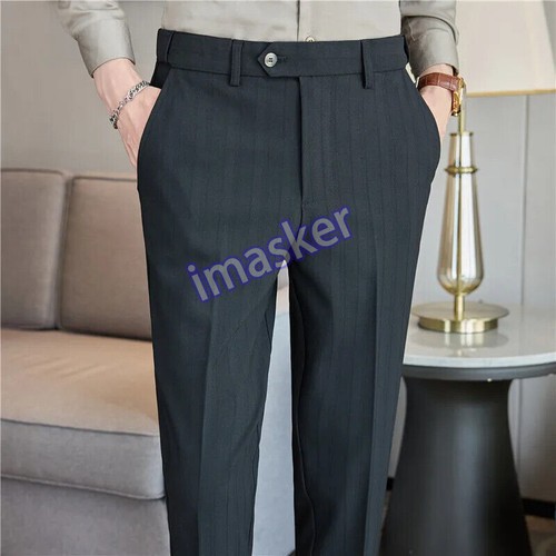 Men Stripe Suit Pant Elastic Waist Dress Pants Casual Slim Fit Social Trousers - Picture 15 of 26