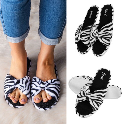 Black White Stripe Pattern Soft Memory Foam Sole Slippers Open Toe Indoor Shoes - Picture 1 of 17