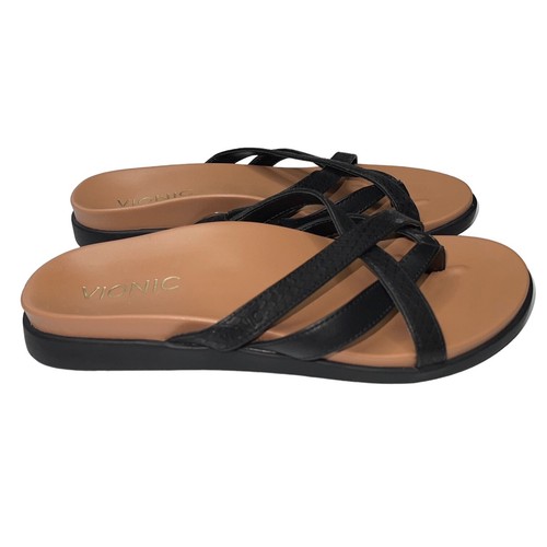 Vionic Sandals Womens 6 Black Strappy Leather Thong Flats Faux Snake Shoes Daisy - Picture 12 of 24