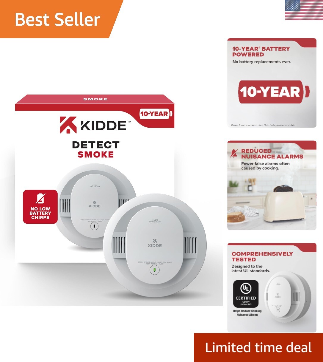 Smoke Detector, 10-Year Battery Powered, LED Warning Light Indicators-image