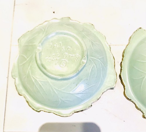 Set 2 California USA Pottery Turquoise Cabbage Leaf Gold Trim Bowl Green #741 - Picture 7 of 10