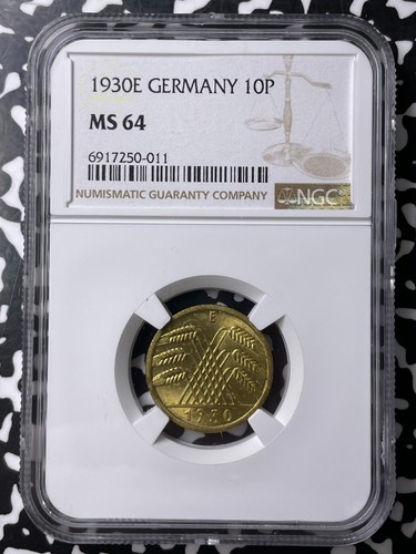 1930-E Germany 10 Pfennig NGC MS64 Lot#G9516 Choice UNC! - Picture 1 of 3
