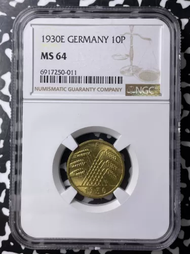 1930-E Germany 10 Pfennig NGC MS64 Lot#G9516 Choice UNC!