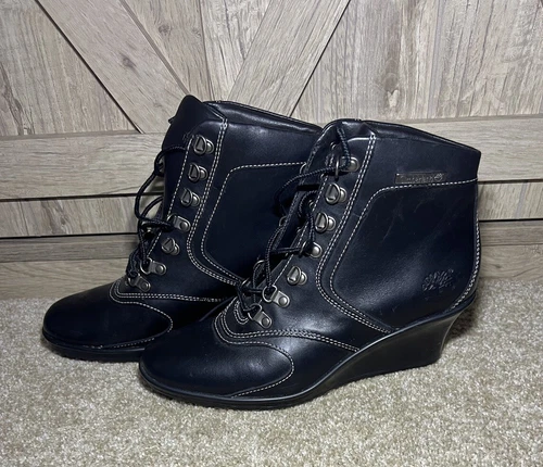 Timberland Boots Womens Size 5.5 Black Leather Lace Wedge
