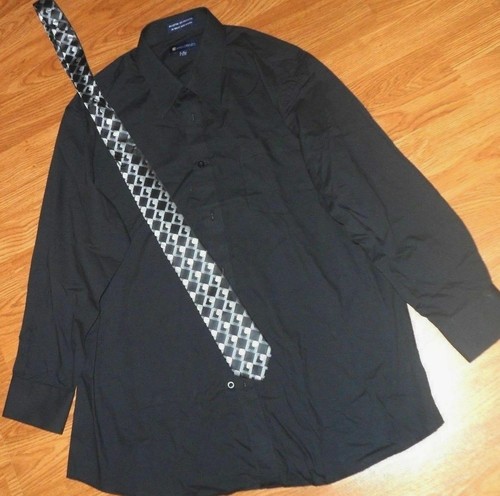 *UMO LORENZO MENS DRESS SHIRT & TIE BUTTON FRONT SIZE L BLACK NWT