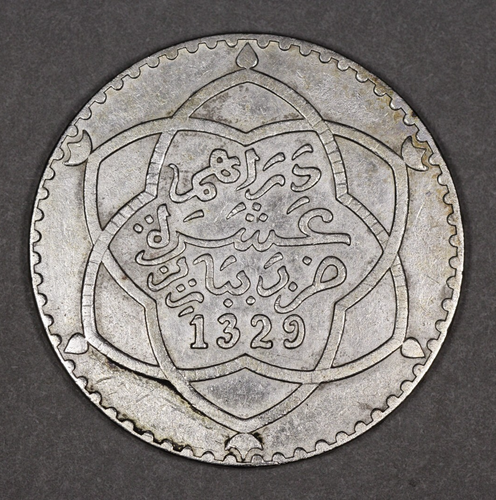 1329 - 1911 Marokko Silber Rial / 10 Dirham