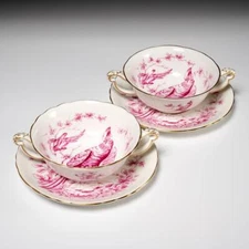 Royal Crown Derby Chelsea Bird Red Pink Porcelain Cream Soup Bowls A524 2pc Pair