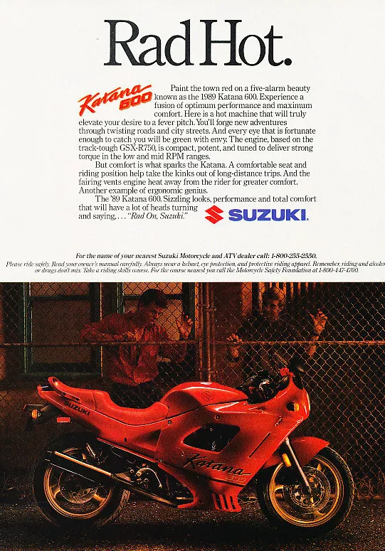 Anuncio clásico de motocicleta Suzuki Katana P6 katana 600 Anuncio clásico de motocicleta Suzuki Katana P6