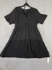 Gap Gauze Tiered Dress Women Size Large Black Short Sleeve Pockets Crinkled NWT
