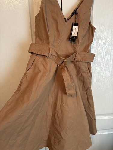 New Banana Republic Petite V-Neck Khaki Cotton Denim Dress Sleeveless Belted - Picture 5 of 11