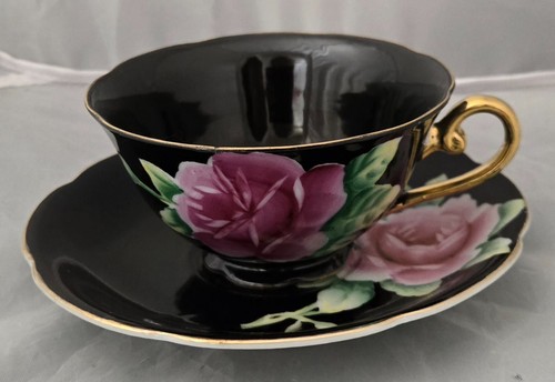 Occupied Japan Cup and Saucer, Pink Rose on Black Background - Bild 2 von 3