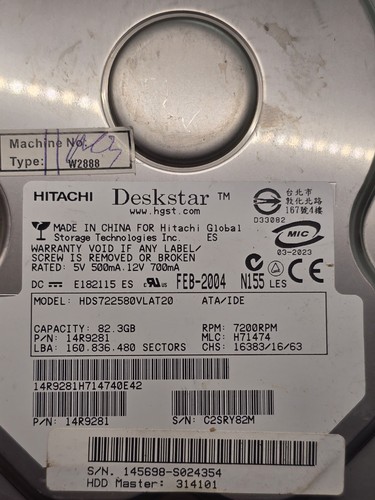 Vintage Hitachi Deskstar HDS728080PLAT20 80GB IDE Hard Drive  - Picture 3 of 7