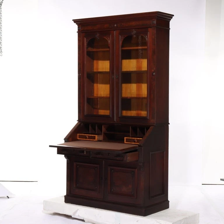 古董文艺复兴核桃和胡桃花秘书桌 C1880 — 第 3/4 张图片