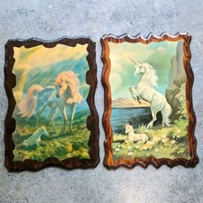 Unicorn and Baby Lacquered Wood Wall Art Pair 15.5 x 22.5 Vintage Unicorncore