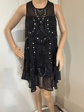Women's RAGA Black Silver Beaded chiffon sleeveless trapeze Mini Dress S