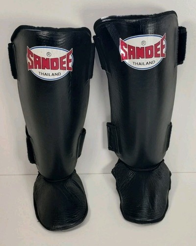 Sandee Muay Thai Shin Guards Large Black Leather Thailand Heavy Duty Pads