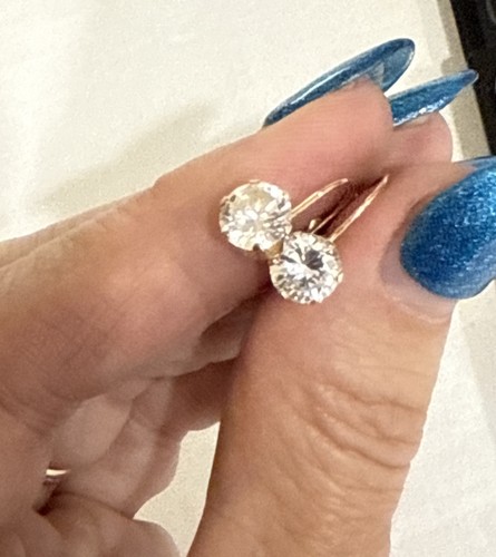 Vintage 10k Yellow Gold & 6.4mm Clear Stone Leverback Drop / Dangle Earrings - Picture 8 of 12