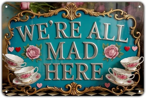 We're All Mad Here Tin Metal Signs Home Décor Vintage Alice in Wonderland Print