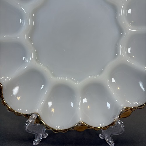 Anchor Hocking Deviled Egg Plate Tray 10" Milk Glass White Gold Trim Fire King - Picture 4 of 10