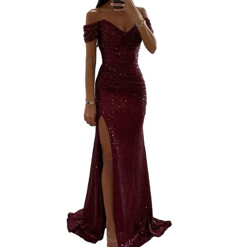 Kleid Damen Elegant Maxi -Paillistin Schlank Teilt V Hals Von Der Schulter - Picture 15 of 42