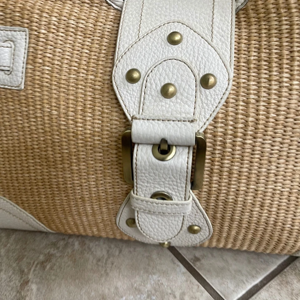 Rafe Woven Straw Hobo Bag White Leather Trim Studded Accents Cute Chic Purse - Image 2 of 4