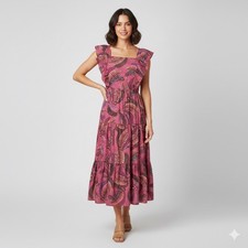 Farm Rio Wild Bananas Print Square Neck Ruffled Tiered Midi Dress Size Medium