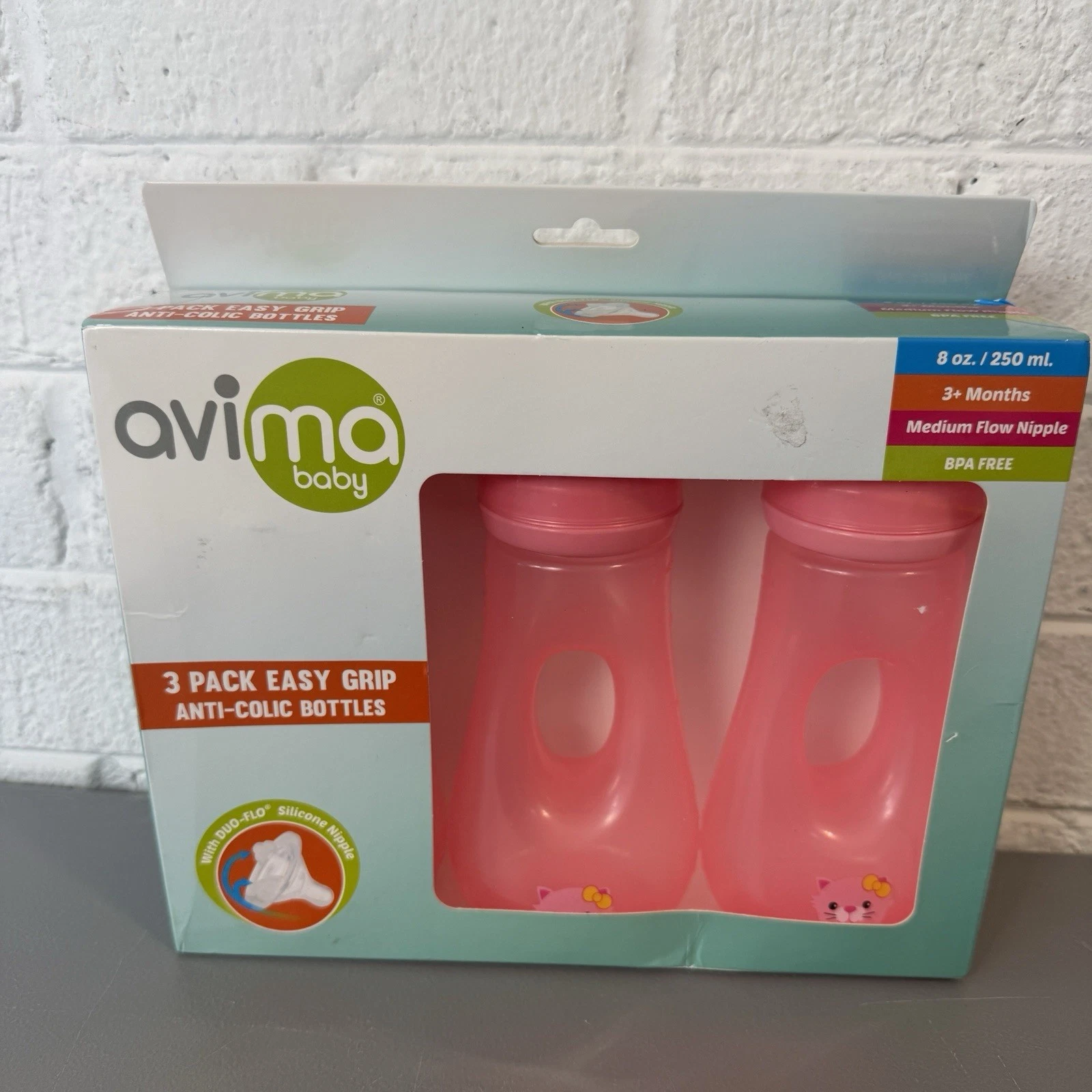 Avima Easy Grip Anti Colic Baby Bottles, BPA Free, 8 oz. Wide Neck w/Medium F