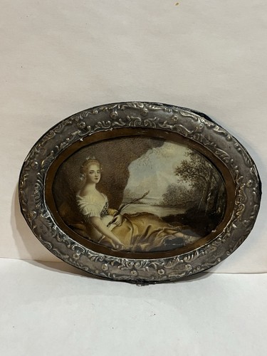 ANTIQUE MINIATURE WOMAN RECLINING ON A LANDSCAPE WATERCOLOR PAINTING  - Picture 1 of 18