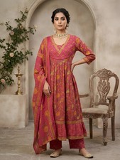 Indian Women Pink Cotton ANARKALI Floral Printed Kurta With Palazzo  Dupatta