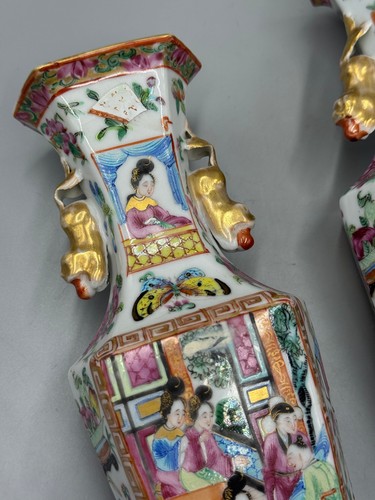 Pair of Antique 19th c Chinese Famille Rose Medallion Porcelain Vases 9 " - Picture 4 of 22