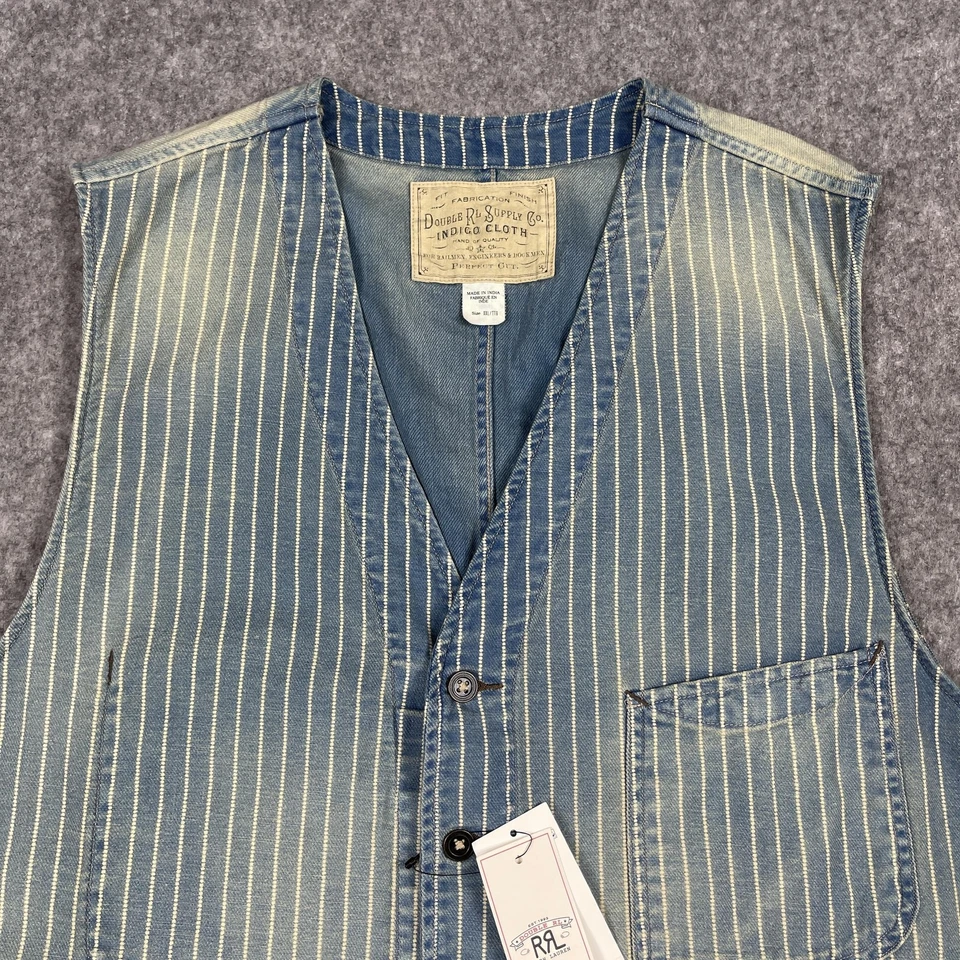RRL Ralph Lauren Vest Mens XXL Indigo Railroad Stripe Workwear Denim Waistcoat - Image 3 of 4