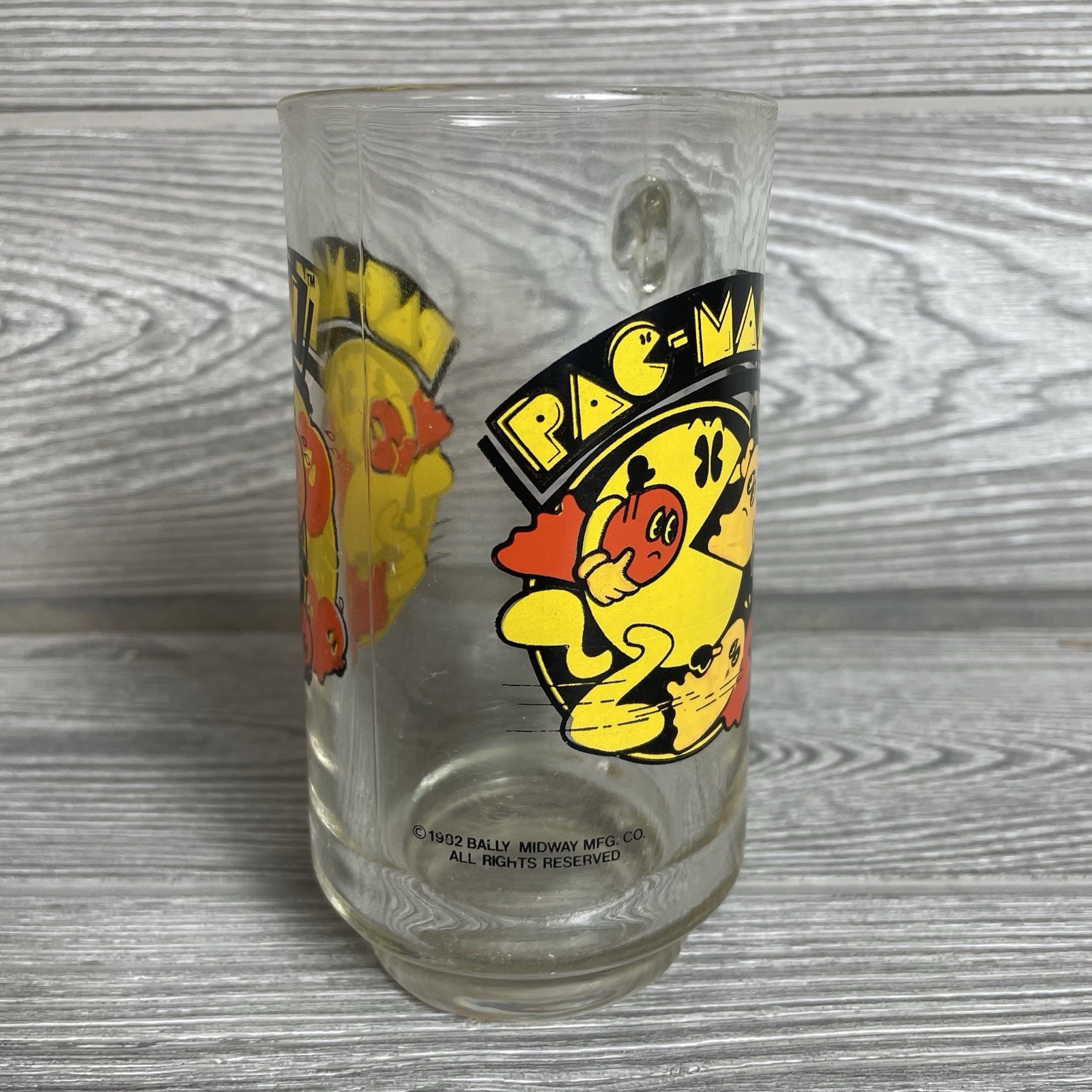 Vintage 1982 Pac Man & Ghosts Arcade Game Glass Mug Cup Beer Stein Bally Midway