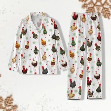 Unisex Christmas Chicken Pajama Set Farm Animal Print Long Sleeve Top  Pants