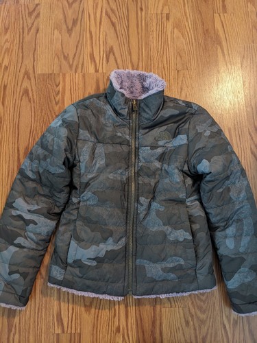 The North Face Girls Camo Reversible Mossbud Swirl Jacket purple soft fur S 7/8 - Picture 2 of 9