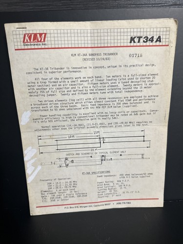 KLM KT34A Band Pass Tribander Assembly Instructions, Parts List 1980/1983