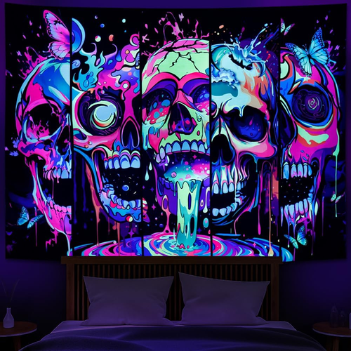 Blacklight Skull Tapestry UV Neon Skeleton Butterfly Horror Wall Decor. - Picture 11 of 12