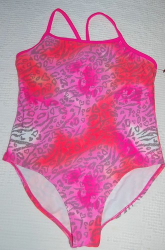 Girls One Piece Swimsuit ORANGE PINK Gray Leopard Zebra Print L 10-12 XL 14-16 - Picture 1 of 2