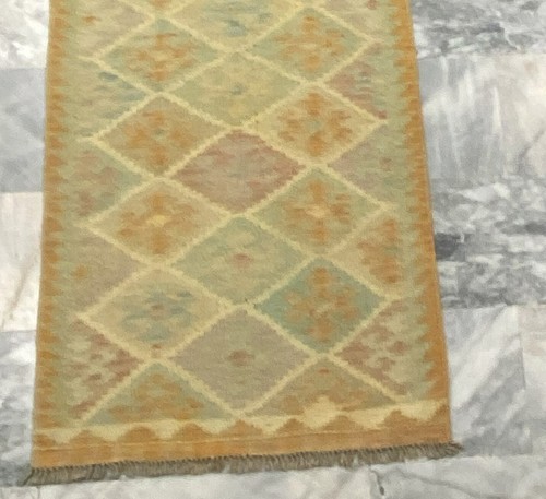 Alfombra de salón Kilim de lana multicolor azteca geométrica vintage afgana 77x240 cm - Imagen 2 de 3