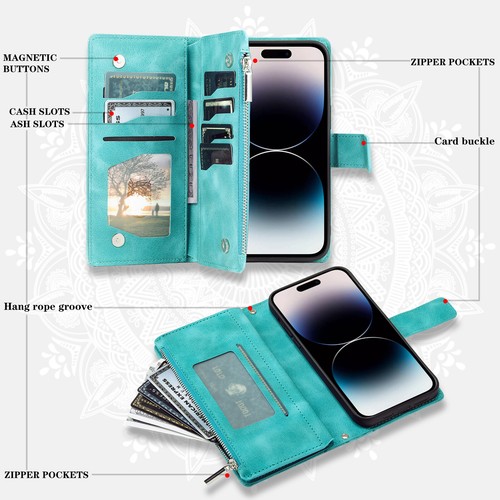 For iPhone 16 15 14 Pro 13 12 11 7 8 Zipper Wallet Crossbody Strap Leather Case - Picture 15 of 59