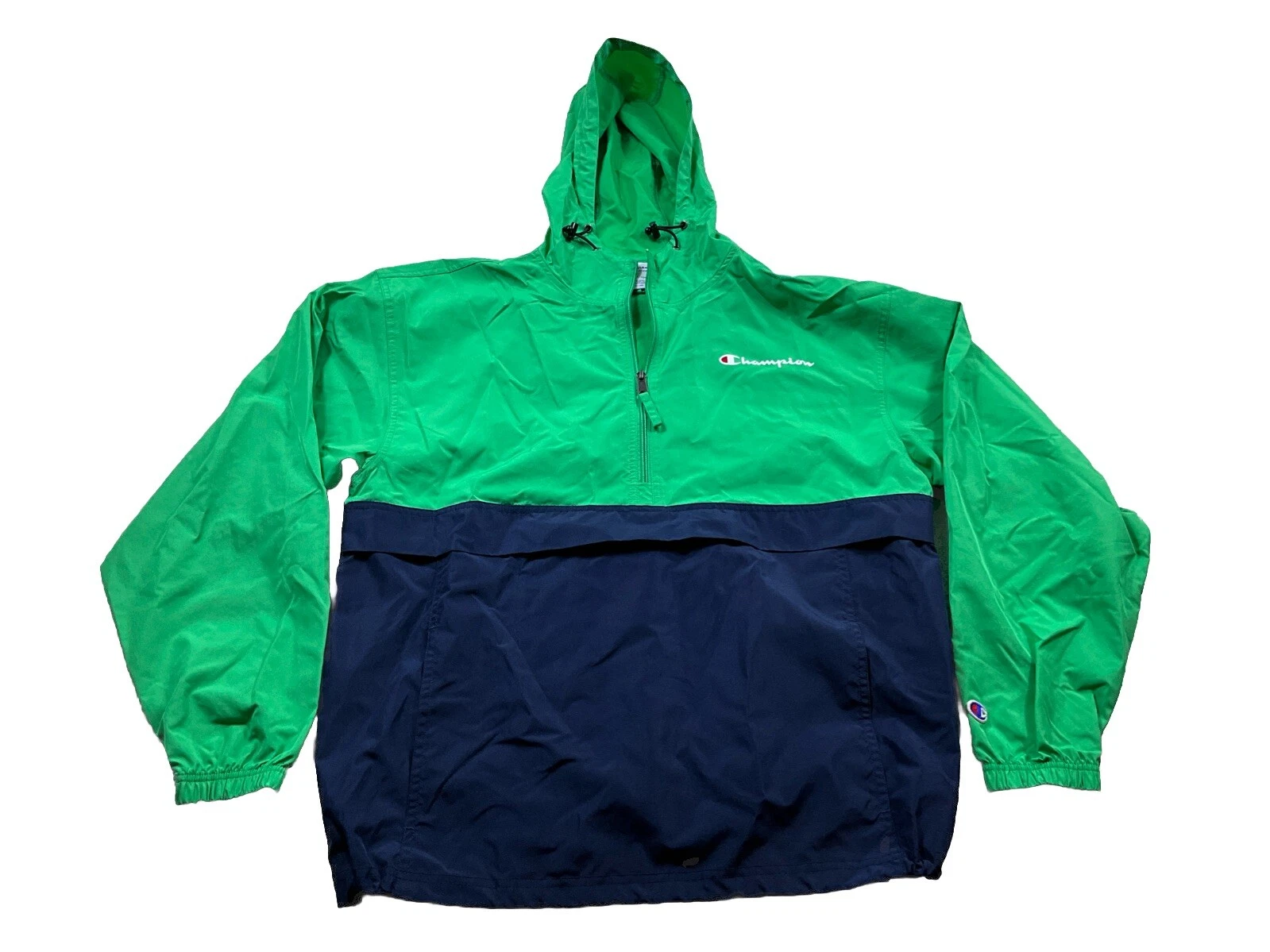 CHAMPION Jacket Mens M Outerwear Windbreaker Hoodie Colorblock 1/4 Zip GreenBlue