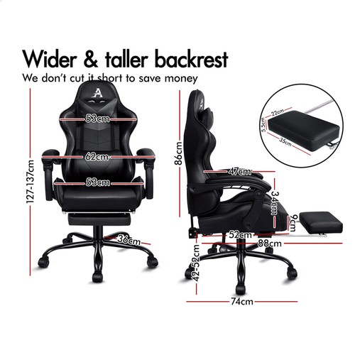 ALFORDSON Gaming Chair Office Executive Racing Footrest Seat Leather All Black - Picture 6 of 12