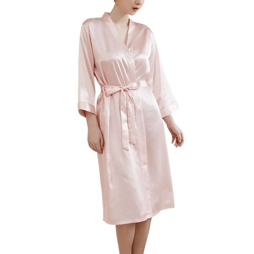 Women Satin Robe 3/4 Sleeve V Neck Knee Length Silk Lightweight Belted Bathrobe - Imagen 25 de 52