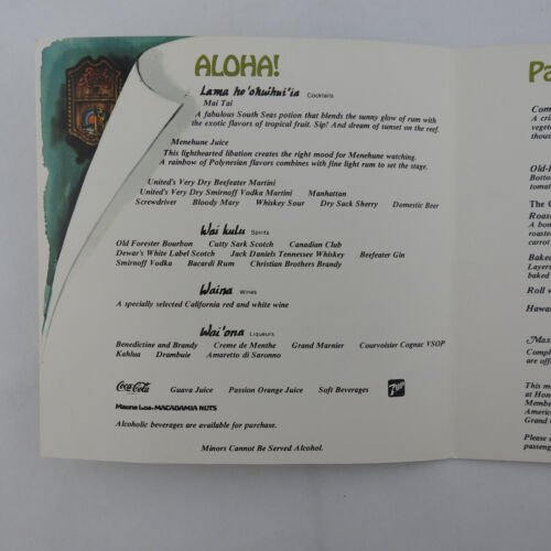 Folleto de colección United Airline Royal Hawaiian cena bebidas menú King Kamehameha - Imagen 2 de 4