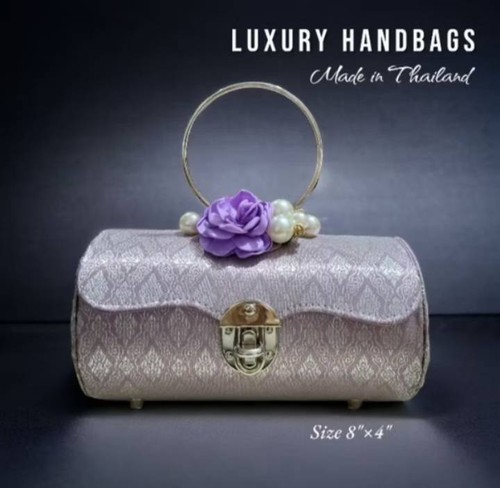 Damen Thai synthetische Seide Handtasche zylindrische Form silber und gold Metallgriff - Bild 1 von 15