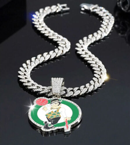 COLLAR GEMA Boston Celtics Oro/Plata Bling Hip Hop Colgante y Cadena 24"" - Imagen 4 de 16