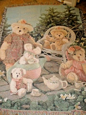 Throw Blanket Bears Rabbits Having a Tea Party EUC 53" x 74"