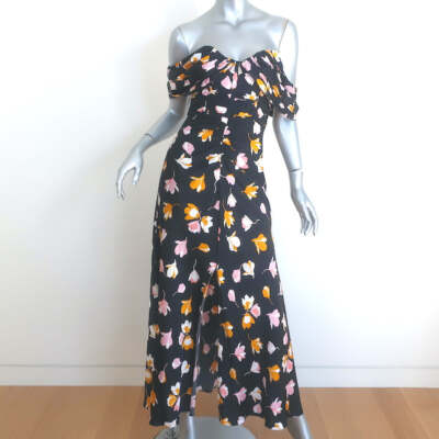 Self-Portrait Off the Shoulder Maxi Dress Black Floral Print Satin Size US 4