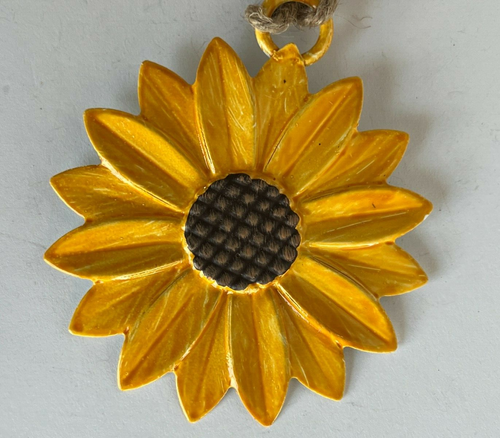 Ganz 3 1/4" Metal SUNFLOWER Ornament Car Charm on Jute Rope - Picture 3 of 7