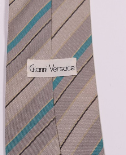 Gianni Versace Vintage 80's Beige Aqua Striped Silk Linen Necktie Tie - Picture 5 of 6